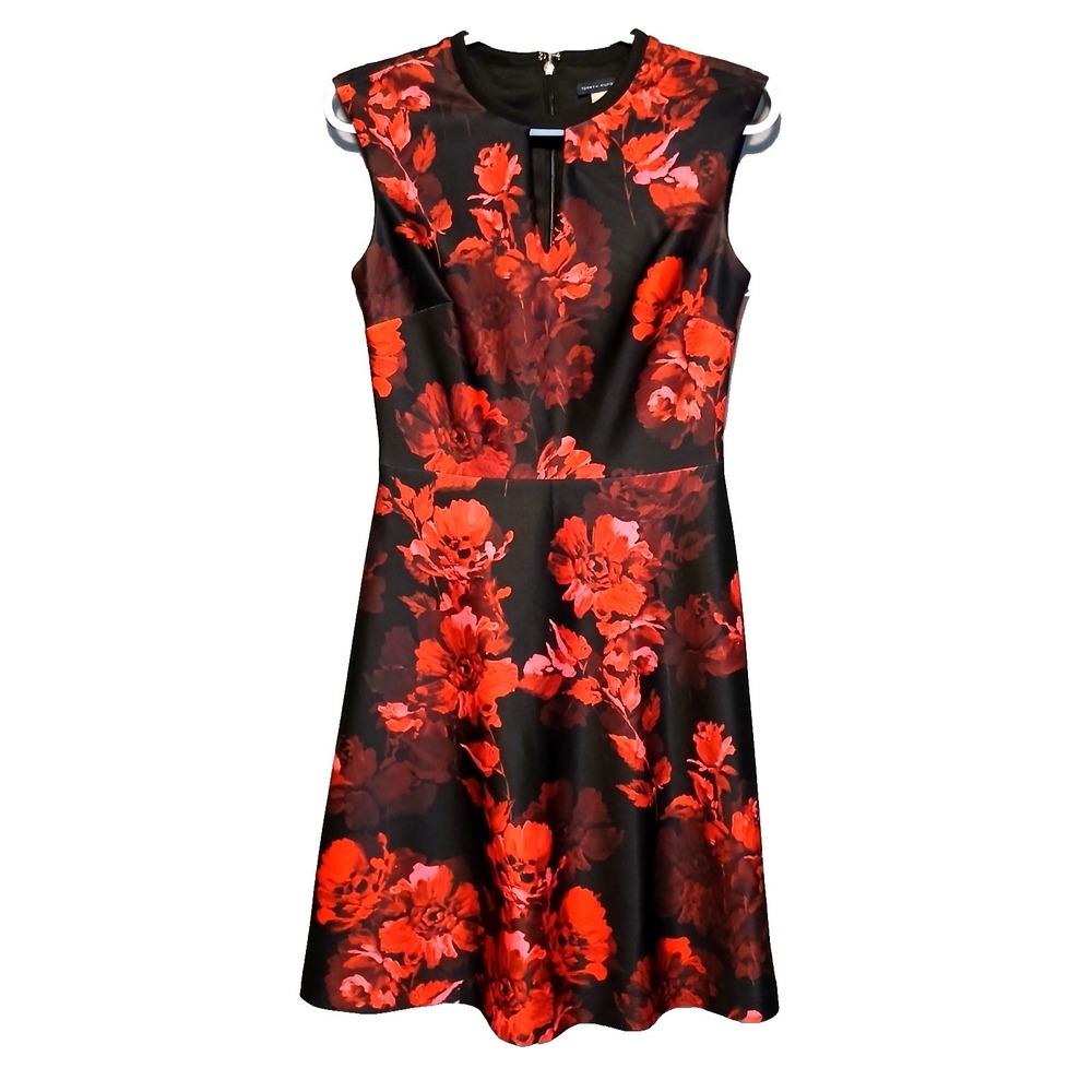Tommy Hilfiger Women's Red Floral-Print Keyhole Fit & Flare Dress Sleeveless 2